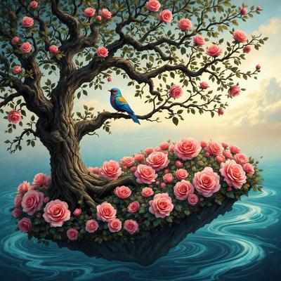 The primary subject of the image is a bird perched on a tree branch. The setting is a beautiful garden with a tree filled with pink flowers. The visual style is a painting, which creates a serene and peaceful atmosphere. The dominant colors are pink and white, which are associated with love and tranquility.